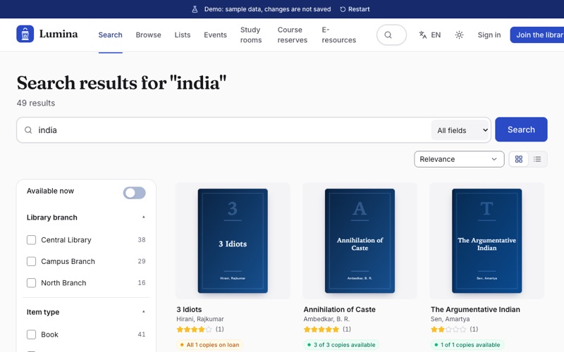 The public catalogue in the Lumina demo: search results with covers, availability for each branch and filters for item type, library and language.